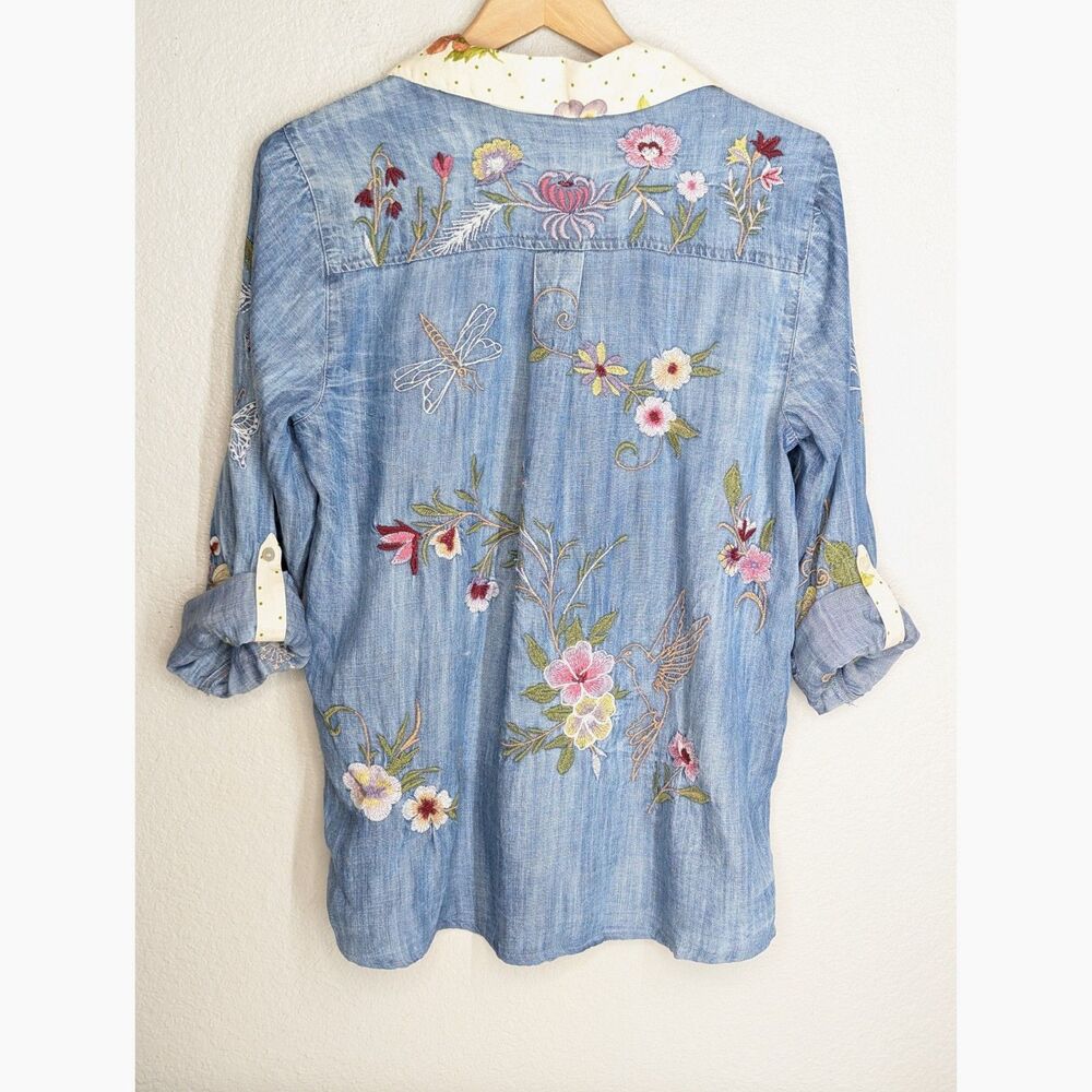 Soft Surroundings Embroidered Printed Tencel Button Shirt Sz M Boho Patchwork - Picture 3 of 9